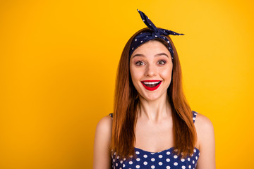 Photo of cute foxy lady red pomade unexpected victory wear casual dotted tank-top headband isolated...