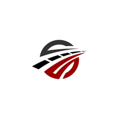 Curving tarred road or highway icon logo with center markings with diminishing perspective to infinity, cartoon illustration isolated on read and black