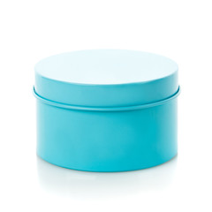 Simple round blue gift box isolated. Side view.