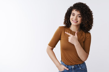 See yourself crazy sale. Cheerful pleasant pretty curly-haired caucasian stylish woman inviting...
