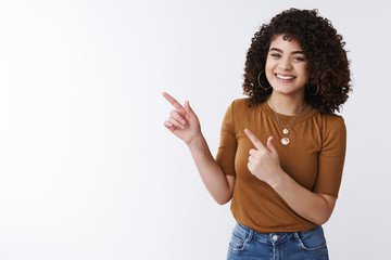 Girl help pick best choice. Cheerful smiling happy glad curly-haired woman brag new furniture...