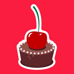 Cherry on a cake. Sticker. Red background