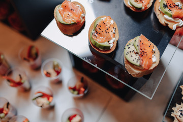 delicious festive buffet with canapés and different delicious meals