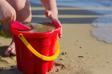 the child plays with a bucket and sand on the seashore in summer day