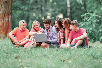 Fototapeta premium a group of students with laptop relaxing in the Park on a Sunny