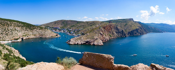 panoramic view from the mountain on the coast of the Black Sea in summer day