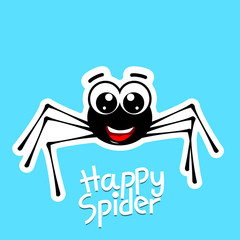 Smiling small spider sticker on blue background
