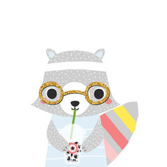 Cute raccoon with drink and glitter glasses. Kids trendy print. Vector hand drawn illustration.