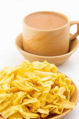 Indian Traditional Street Food Besan Papri With Masala Tea