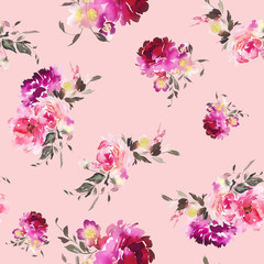 Seamless summer pattern with watercolor flowers handmade.
