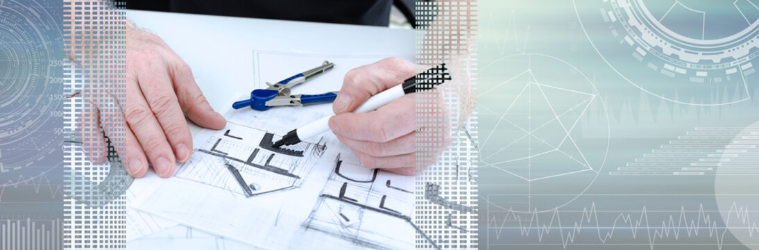 Architect working on plans; panoramic banner