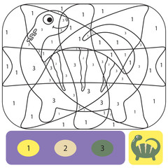 Cute dino coloring page for kids. Coloring puzzle with numbers of color