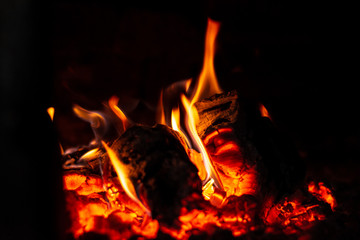 The firewood burns in the furnace, the fire is brightly red.