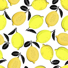 Papier Peint photo Lavable Citrons Modèle tropical sans couture avec des citrons jaunes et des feuilles noires. Impression lumineuse de vecteur pour le tissu.