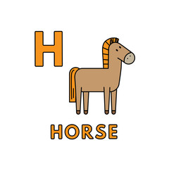 Vector Cute Cartoon Animals Alphabet. Horse Illustration