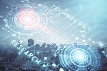 Data theme hologram drawing on city view with skyscrapers background double exposure. Technology concept.