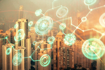 Double exposure of social network theme drawing and cityscape background. Concept of people connecton.