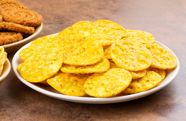 Indian Street Snack Food Masala Khari Papdi with Chakli or Besan Papdi