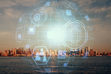 Double exposure of social network theme drawing and cityscape background. Concept of people connecton.