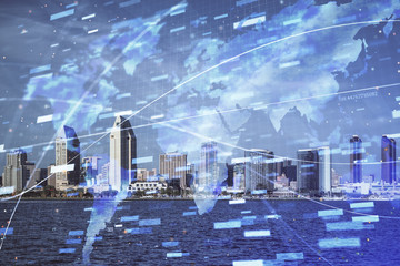 Data theme hologram drawing on city view with skyscrapers background multi exposure. Bigdata...