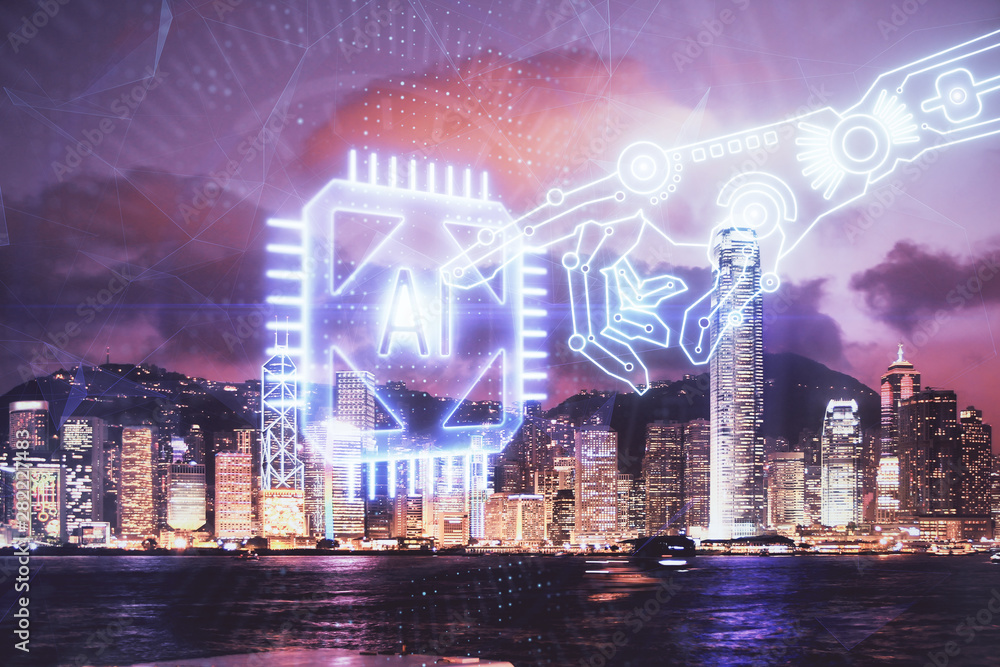 Poster data theme hologram drawing on city view with skyscrapers background double exposure. ai concept.
