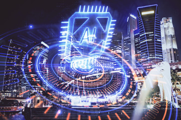 Data theme hologram drawing on city view with skyscrapers background multi exposure. Ai concept.
