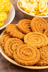 Indian Street Snack Food Chakli With Masala Khari Papdi or Besan Papdi