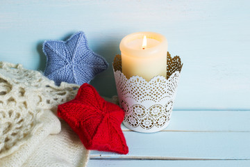 Christmas and New Year theme. Knitted christmas ornaments. Soulful background for christmas card.