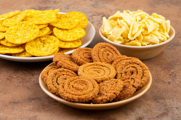 Indian Street Snack Food Chakli With Masala Khari Papdi or Besan Papdi