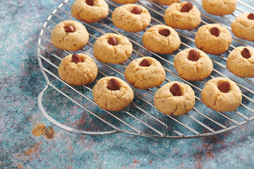 Fresh baked almond cookies on stainless steel grille