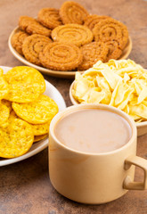 Indian Street Teatime Snack Food Masala Khari Papdi with Chakli or Besan Papdi
