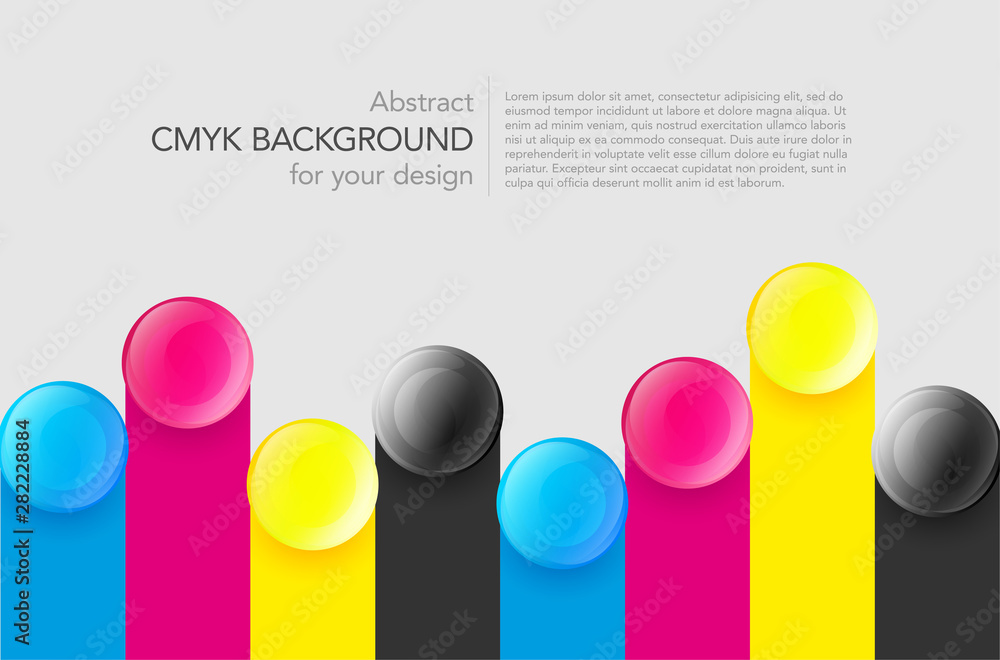 Poster abstract cmyk background with stripes and glossy buttons