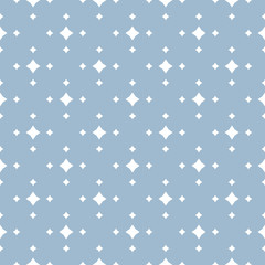 Vector ornamental seamless pattern with small diamond shapes, stars. Abstract blue and white geometric texture. Elegant repeat background. Design for decor, textile, fabric, ceramic, cloth, curtain