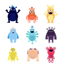 Fototapeta premium Funny monsters. Cute baby monster aliens bizarre avatars. Crazy hungry halloween animals isolated cartoon vector characters. Illustration bizarre animal alien, funny monster, creature cheerful beast