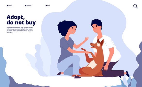 People with pets concept. Happy persons adopt pet with love. Owner hugging puppy vector landing page. Illustration of adoption dog, animal pet shelter homepage
