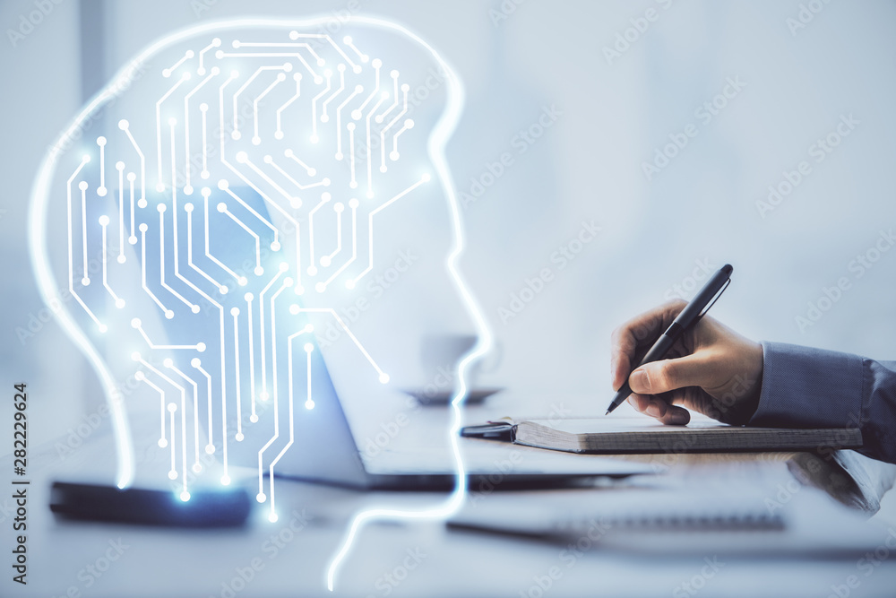 Aufkleber Man typing on keyboard background with brain hologram. Concept of big Data.