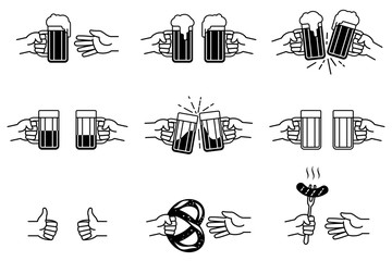Hands clinks glass beer mugs, gives grilled sausage on fork, salted pretzel, shows gesture of like thumb up. Friendly hands drinks of beer. Set of vector icon illustration for Oktoberfest, pub or bar.