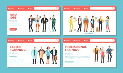 Career landing pages. Find jobs, career planning banners temlpate. Different professions vector characters. Illustration of search work, seek futur and planning career