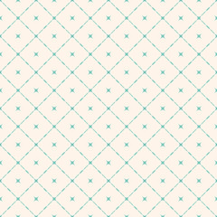 Vector seamless pattern with diagonal square grid, stars. Aqua green and beige