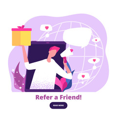 Man with megaphone offers referral gifts. Digital marketing and referral program vector banner. Advertising announcement, spread referring, online suggestion illustration