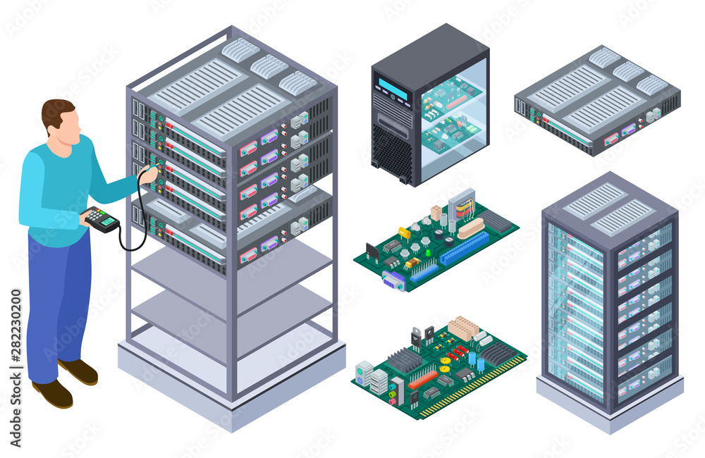 Aufkleber man tests computer equipment. qa tester, motherboards and data storages vector isometric collection.