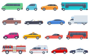 City transport set. Police car ambulance fire engine bus taxi cabriolet suv pickup vector flat isolated urban transportation. Car taxi and police, road vehicle illustration