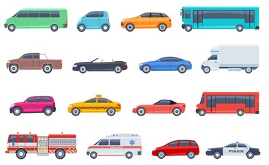 City transport set. Police car ambulance fire engine bus taxi cabriolet suv pickup vector flat isolated urban transportation. Car taxi and police, road vehicle illustration © MicroOne