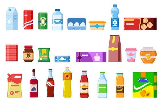 Snack products. Biscuit water juice biscuits cola ketchup yogurt coffee soup. Packed cooking product flat vector isolated icons set. Illustration of package and bottle, product sweets and snack