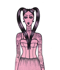 Girl with Tattoos. Fashion model. Pink style. 
