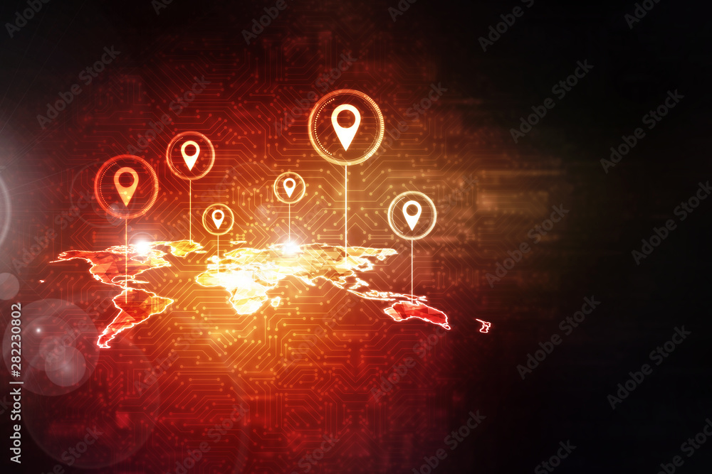 Fototapete 2d rendering red map pointer