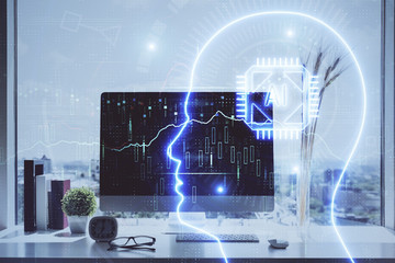 Double exposure of desktop with computer and brain drawing hologram. Artificial intelligence...