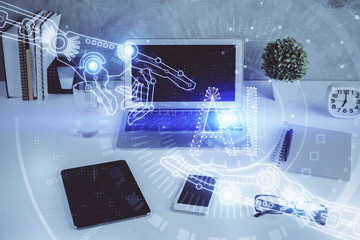 Multi exposure of table with computer on background and data theme drawing. Concept of innovation.