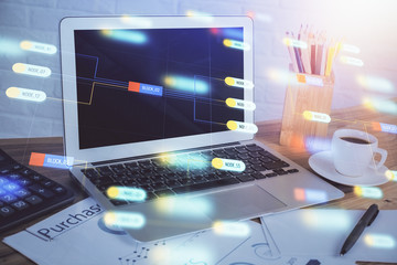 Multi exposure of table with computer on background and data theme drawing. Concept of innovation.