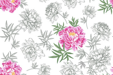 Gartenblumen Pfingstrosen. Nahtloses florales Vektormuster. © marinavorona